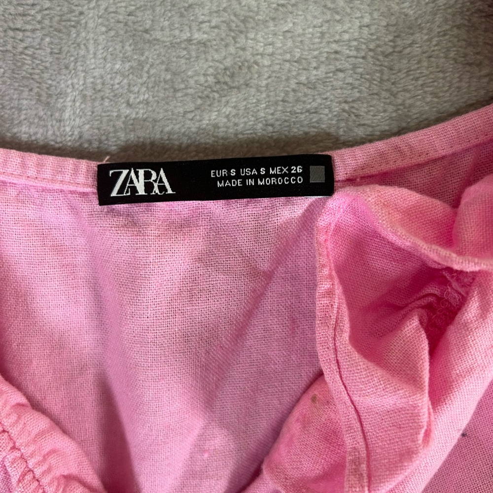 Zara pink smocked linen mini ruffle dress - Picture 3 of 10